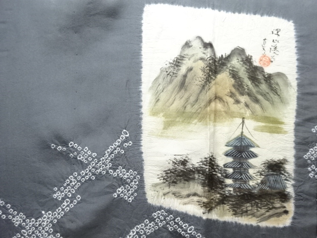JAPANESE KIMONO / ANTIQUE MENS JUBAN / SILK / SHIBORI / SCENERY OF PAGODA